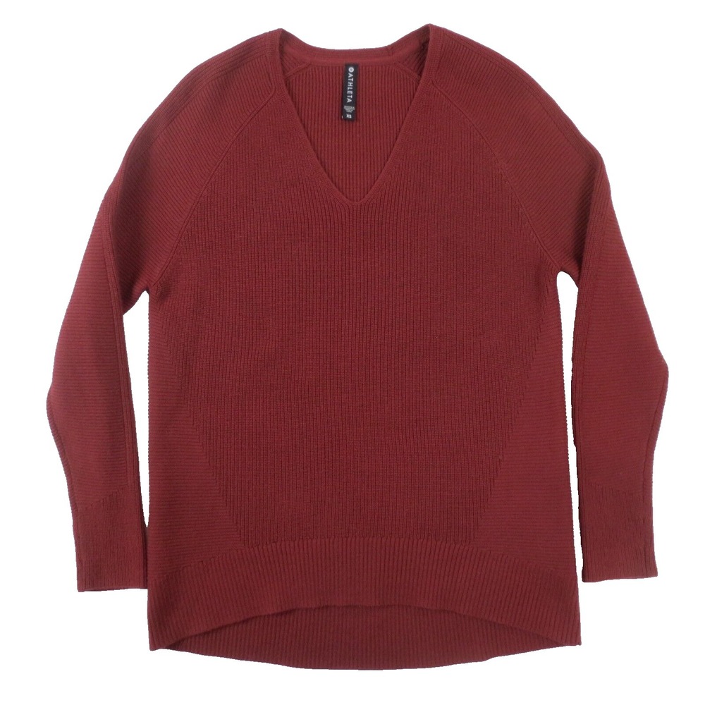Athleta Hanover Sweater‎ Womens XS Canyon Red V Neck Merino Wool Blend Ribbed